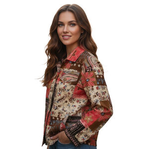 Anne Carson Shacket Womens M Medium Brown Floral Patchwork Button Front Boho